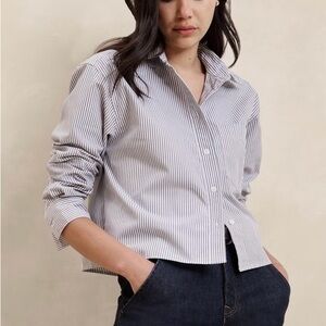 Banana Republic Boxy Button-Down Shirt Cropped Striped Shirt Grey & White #BR20